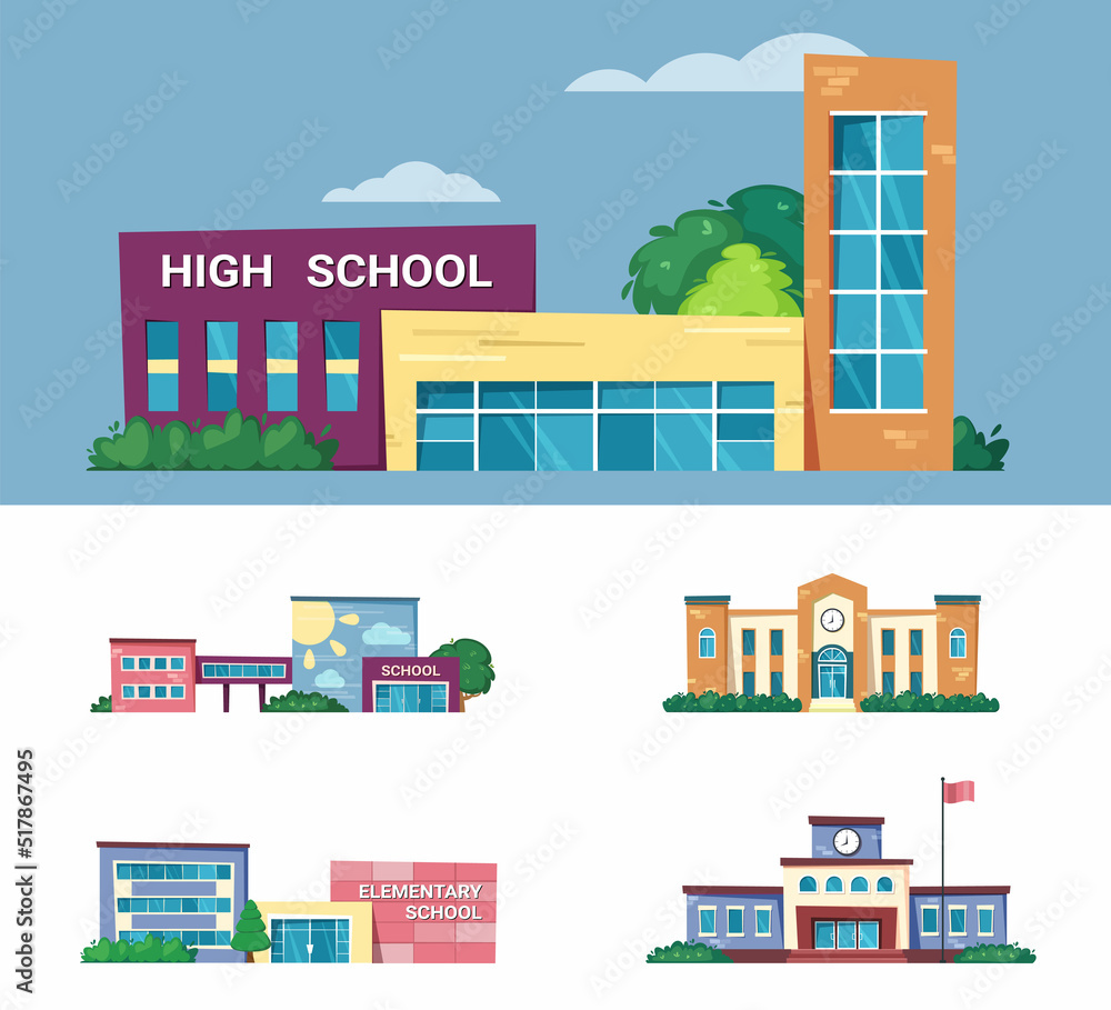 municipal buildings. city exterior modern facades of school college and university. Vector architectural objects