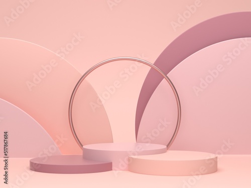 Minimal scene with podium and abstract background. Geometric shapes. Pastel colors scene. Minimal 3d rendering. Scene with geometric forms and textured background for cosmetic product. 3d render. © anghelka