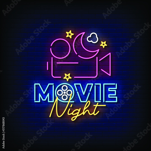 Neon Sign movie night with Brick Wall Background Vector