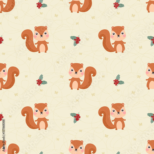 Seamless pattern squirrel and berry.