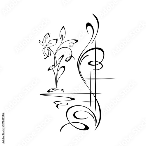 object 38. a stylized vase with a flower stands on a richly decorated stand. graphic decor
