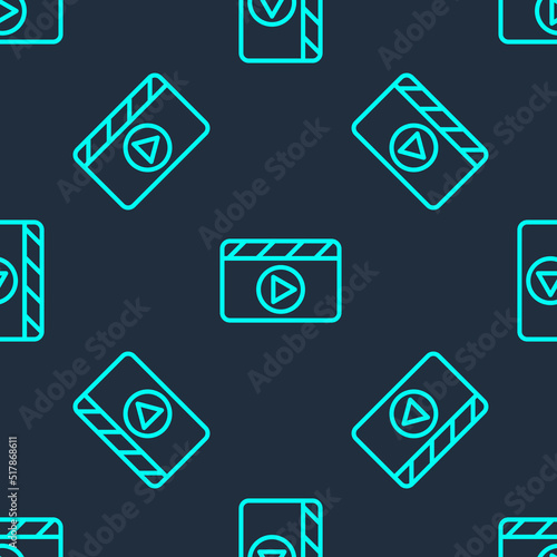 Green line Movie clapper icon isolated seamless pattern on blue background. Film clapper board. Clapperboard sign. Cinema production or media industry. Vector