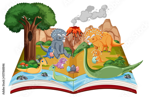 Opened book with various dinosaurs in the forest