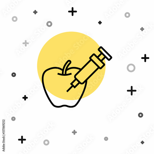 Black line Genetically modified apple icon isolated on white background. GMO fruit. Syringe being injected to apple. Random dynamic shapes. Vector