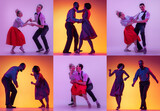 Set with images of stylish men and women dancing in bright clothes on colorful background at dance hall in neon light. Art, danc, hip-hop, retro, vintage style and fashion