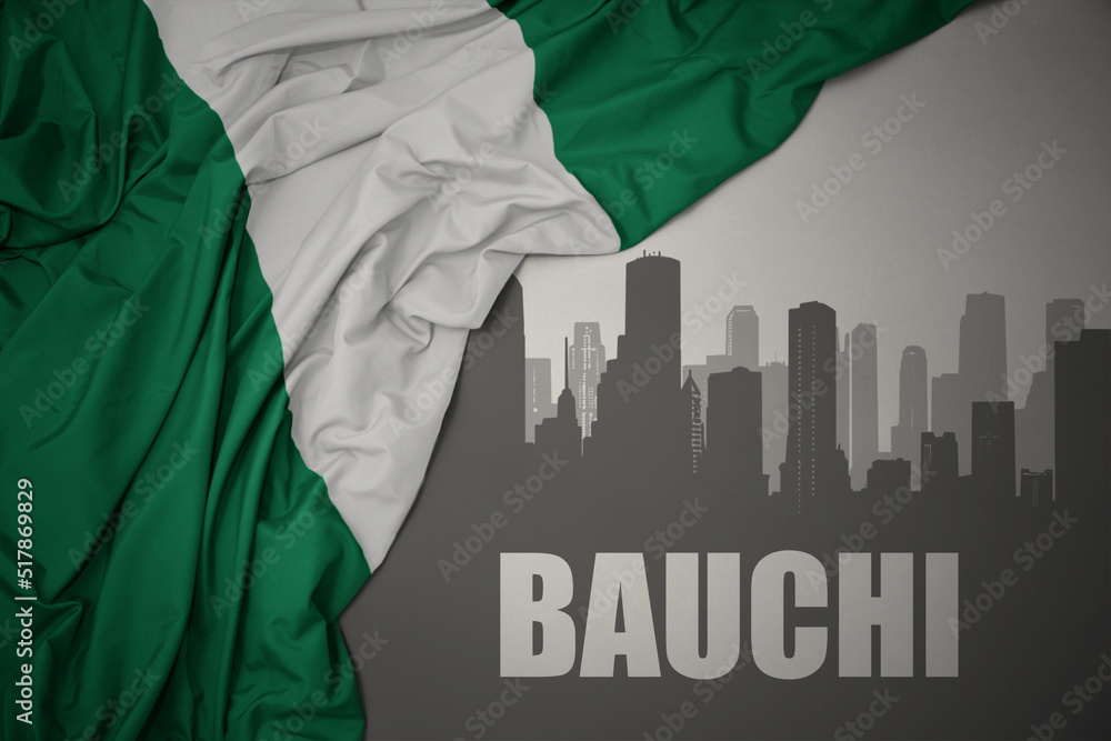 abstract silhouette of the city with text Bauchi near waving colorful national flag of nigeria on a gray background.