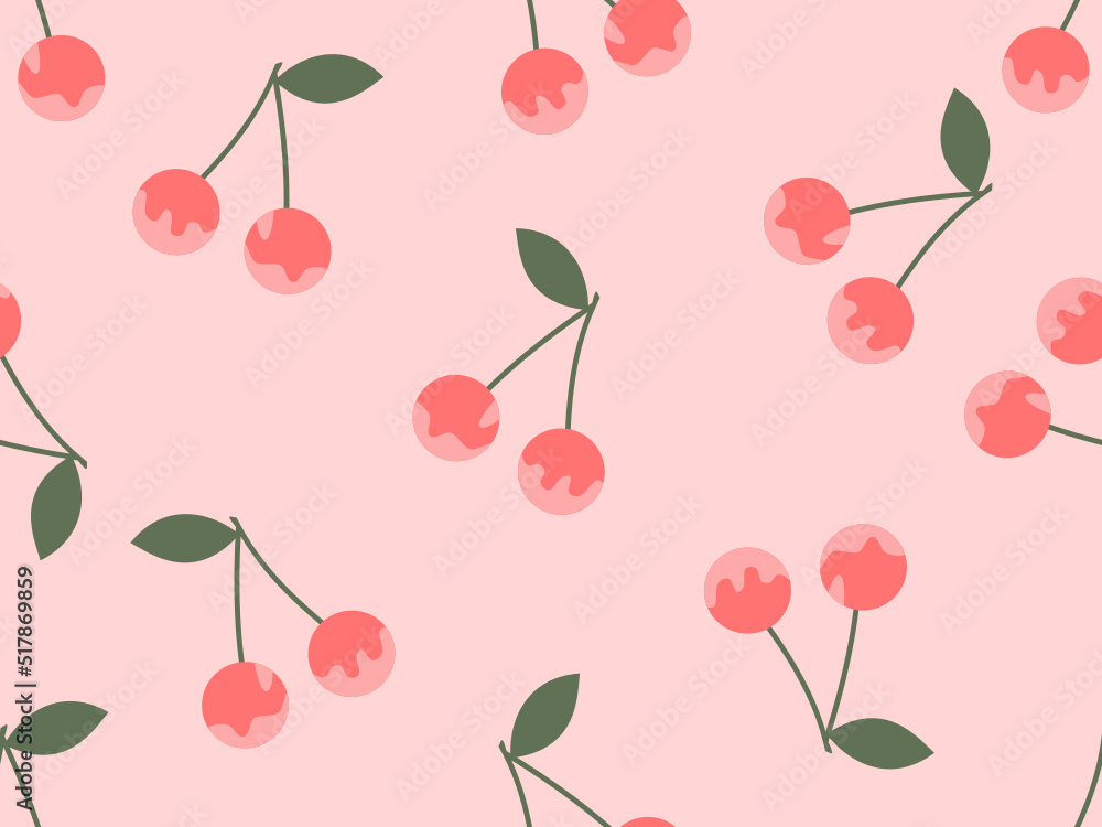 Obraz premium Seamless pattern with cherry fruit and green leaves on pink background vector illustration. Cute fruit print.