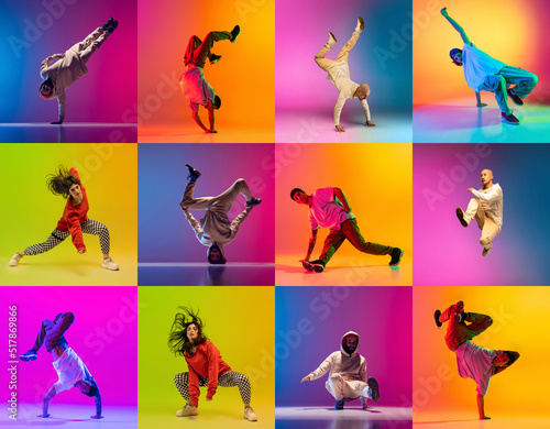 Collage with break dance or hip hop dancers dancing isolated over multicolored background in neon. Youth culture, freestyle, movement, music, fashion and action.