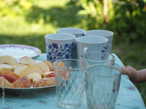Breakfast outside in the village in summer