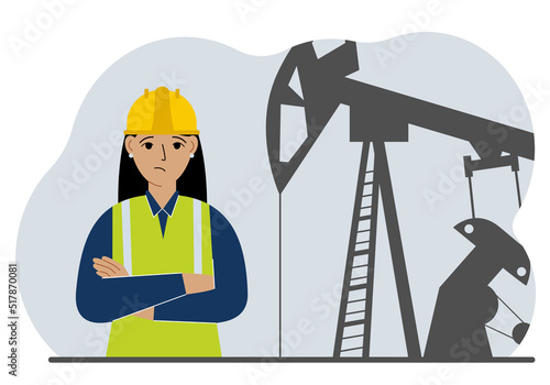 Oil refinery engineer. A female worker in front of a pumping unit for oil extraction, oil drilling and well repair.