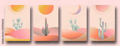 Trendy set of abstract creative nature scenes in a minimalist artistic hand drawn compositions.	
