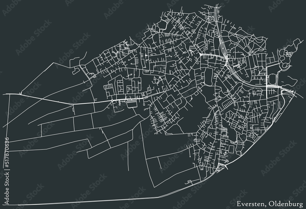 Detailed negative navigation white lines urban street roads map of the EVERSTEN DISTRICT of the German regional capital city of Oldenburg, Germany on dark gray background