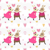 Seamless pattern couple rabbit dancing.