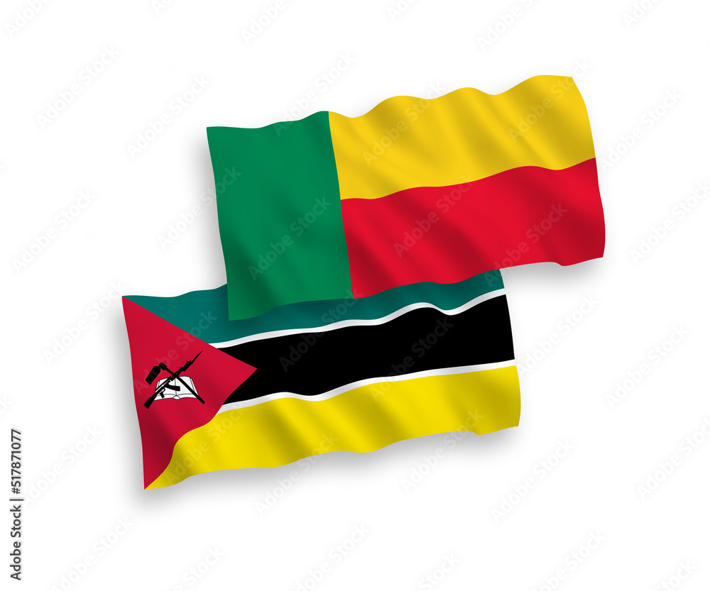 Flags of Republic of Mozambique and Benin on a white background Flags of Republic of Mozambique and Benin on a white background
