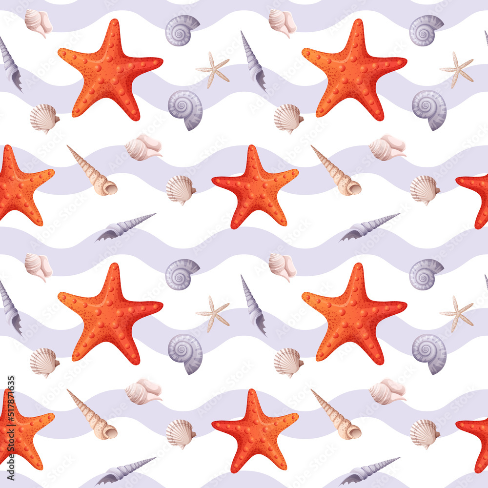 Seamless pattern with starfish and seashells with a wavy pattern. Cute children s pattern for gift paper, fabric, wallpaper