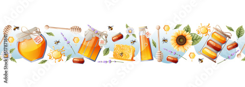 Seamless border with honey jars and sunflowers, bees. Suitable for decorating a honey store and summer illustrations.