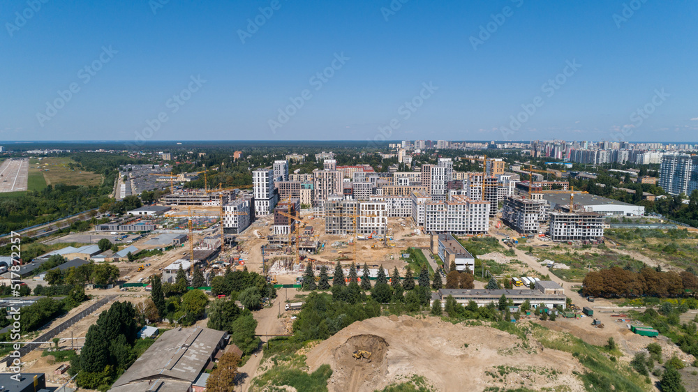 Drone aerial view cityscape modern building Residential complex Nice town. Construction of residential premises. Kyiv capital of Ukraine