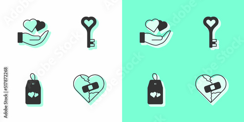Set Healed broken heart or divorce, Heart in hand, Please do not disturb with and Key shape icon. Vector
