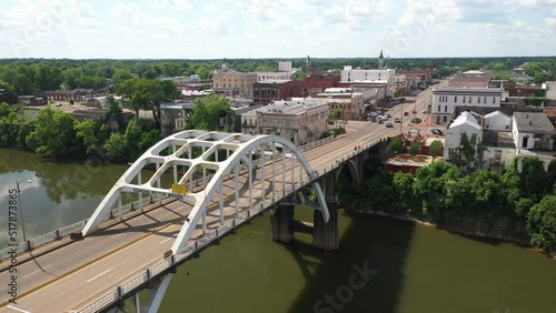 Edmund Pettus bridge in Selma, Alabama with drone video moving up to skyline. photo