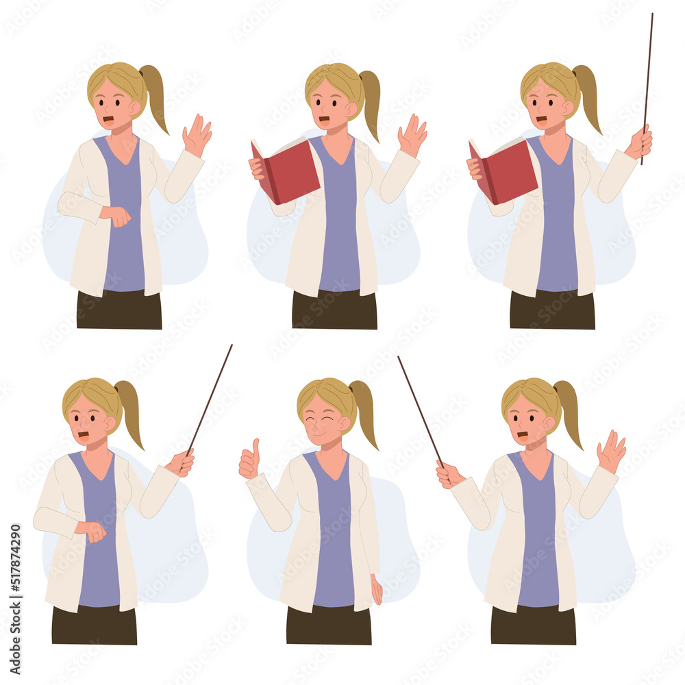 set of female teacher in various action, education concept, Teaching,Vector cartoon character illustration. set of female teacher in various action, education concept, Teaching,Vector cartoon character illustration.