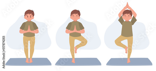 boy child practicing yoga, standing in Vrksasana exercise with namaste, Tree pose, working out.children and healthy lifestyle sport vector illustration.