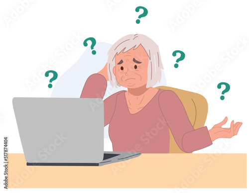 old woman don't know how to use laptop.senior woman with technology problem concept. vector illustration