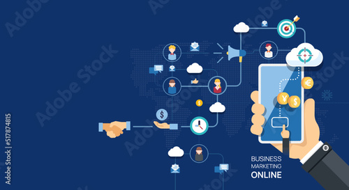 Business marketing online connection on mobile successful e-commerce online concept. infographic vector illustration.