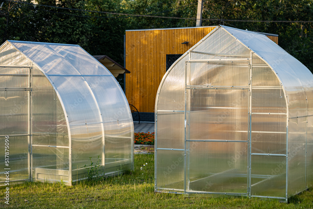 a small plastic greenhouse stands on the lawn a small plastic greenhouse stands on the lawn