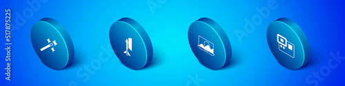 Set Isometric Photo retouching, Action extreme camera and Studio light bulb softbox icon. Vector