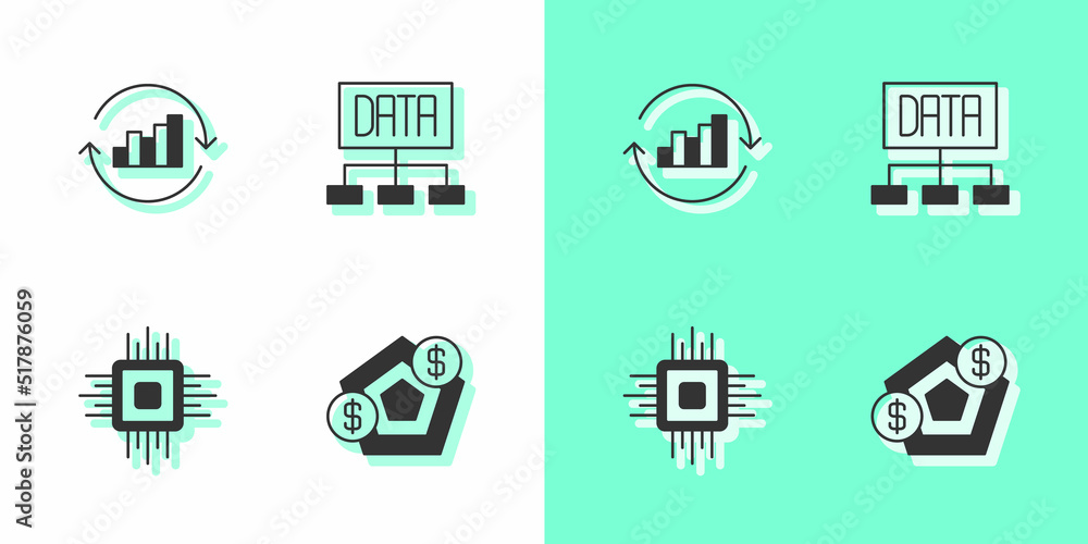 Set Financial growth, Pie chart infographic, Processor CPU and Data analysis icon. Vector Set Financial growth, Pie chart infographic, Processor CPU and Data analysis icon. Vector