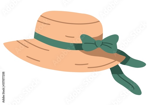 Summer straw hat for kids girls. Beach sunhat with ribbon and bow. Childs girly sun headwear with brims. Female holiday head wear. Flat illustration isolated on white background