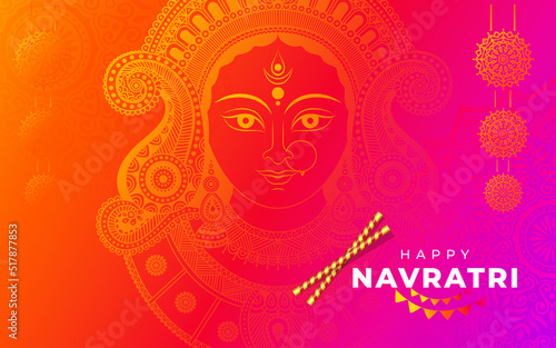 Happy Navratri Festival Greeting Background  Design with Hindu Goddess Durga Face Illustration