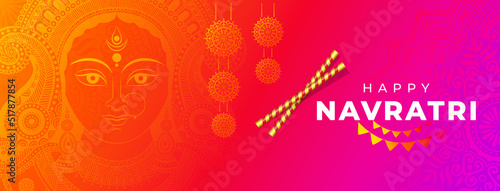 Happy Navratri Festival Banner Background with Hindu Goddess Durga Face Illustration