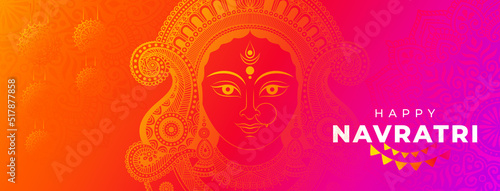 Happy Navratri Festival Banner Background with Hindu Goddess Durga Face Illustration