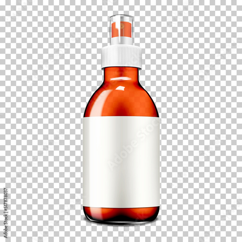 Fine mist spray translucent bottle with clear cap and white blank label on transparent background mockup. Beauty or medical product pump spraying container vector mock-up for design