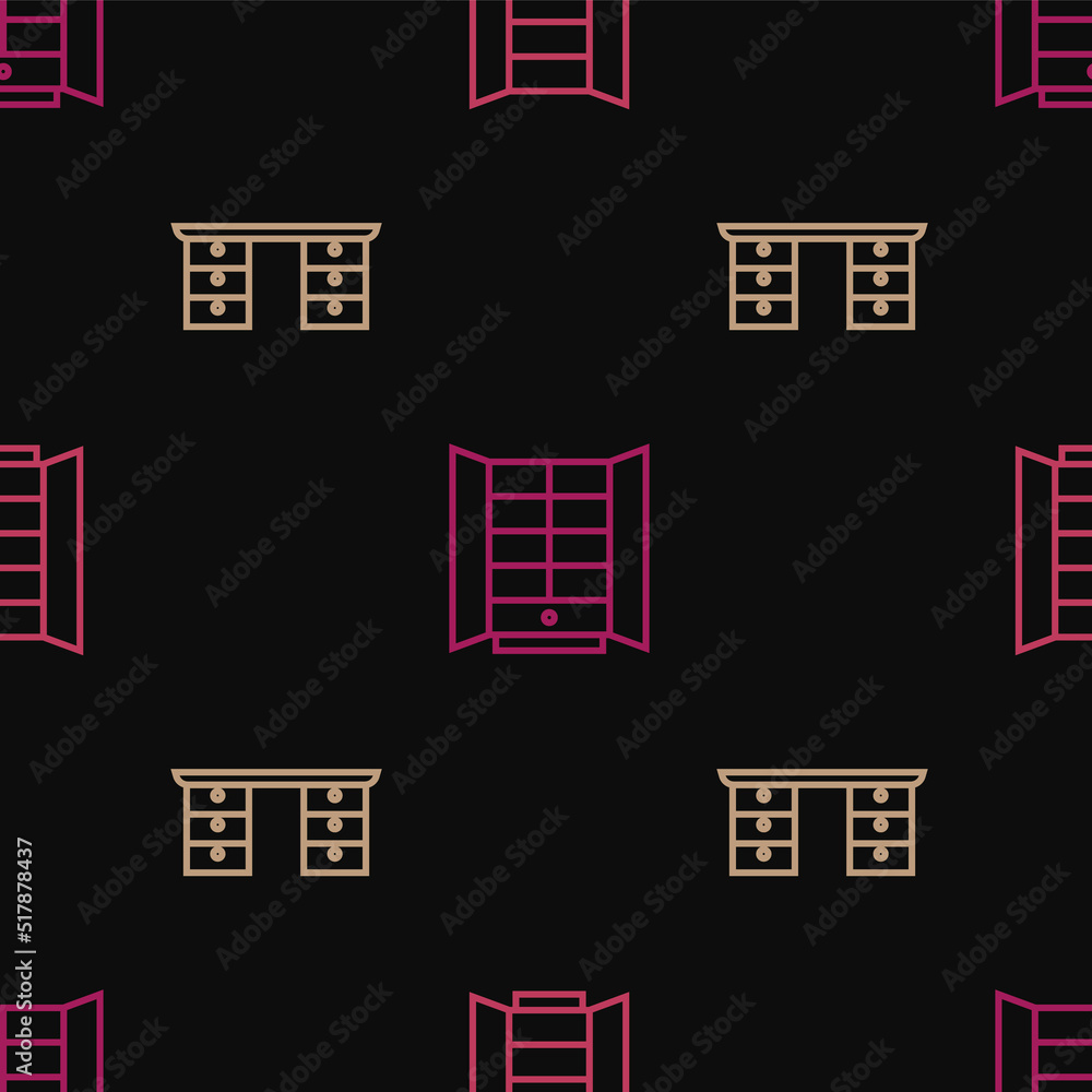 Set line Wardrobe, Office desk and on seamless pattern. Vector