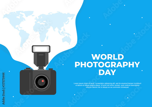 World photography day banner poster on august 19 with modern camera and world map on blue background.