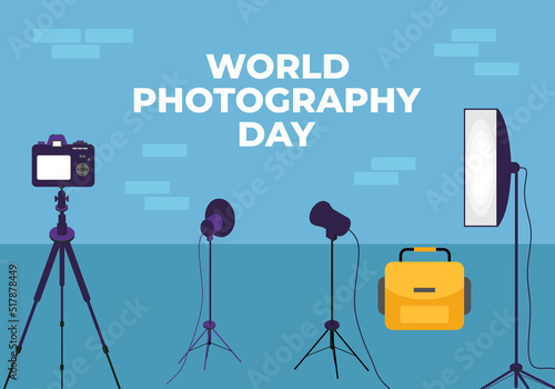 World photography day banner poster on august 19 with studio photo set on blue background.