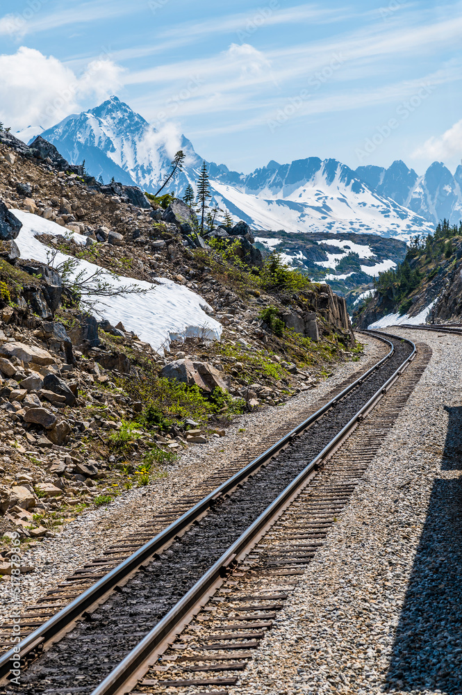 The rail tracks at the highest point of the White Pass near Skagway, Alaska in summertime