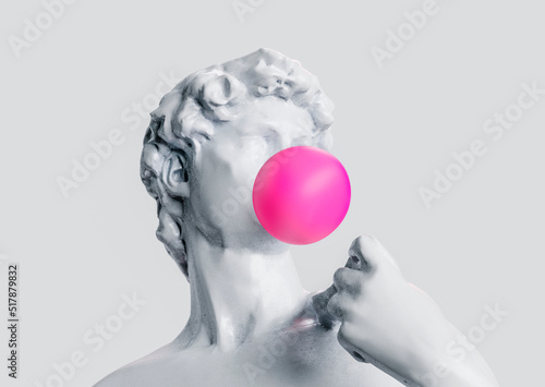 Vapor wave abstract style greek statue with bubble gum. Cyber punk style background concept. 3D Rendering photo