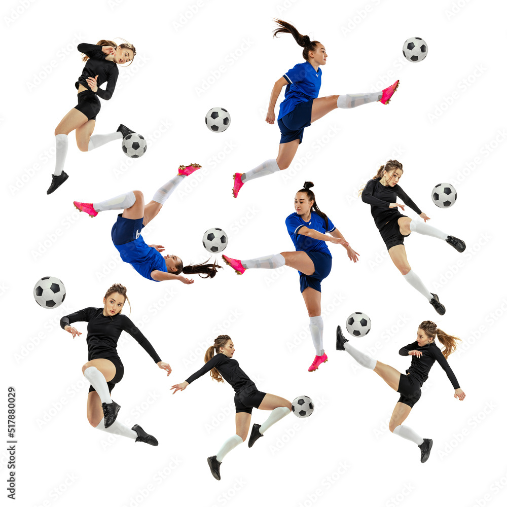 Collage made of dynamic portraits of female soccer football players training with ball isolated white studio background. Sport, team, competition concept