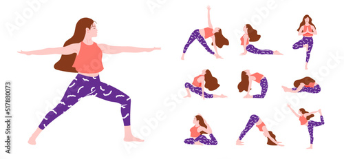 Set of young women with long hair wearing colorful sportswear doing yoga