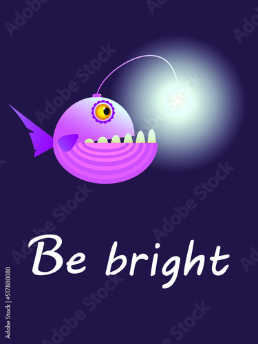 cute vector illustration. Cartoon style angler fish design with be bright lettering. Purple lantern fish for postcards, ads, calendars, posters, etc.