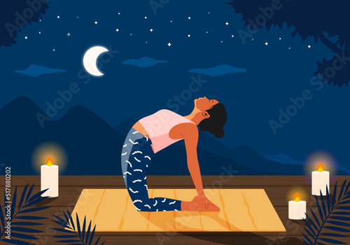Young woman practices yoga in nature at night. Vector illustration in flat cartoon style