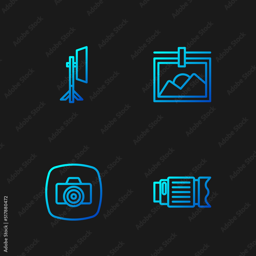 Set line Camera photo lens, Photo camera, Studio light bulb in softbox and frame. Gradient color icons. Vector Set line Camera photo lens, Photo camera, Studio light bulb in softbox and frame. Gradient color icons. Vector