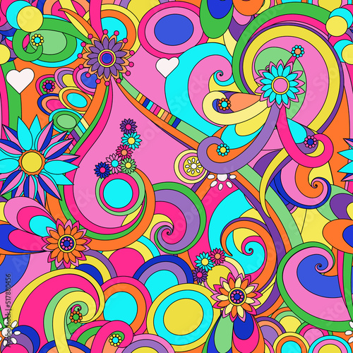 Psychedelic seamless doodle pattern. Decorative elements, spirals, flowers. Prints, packaging design, textiles, bedding and wallpaper.