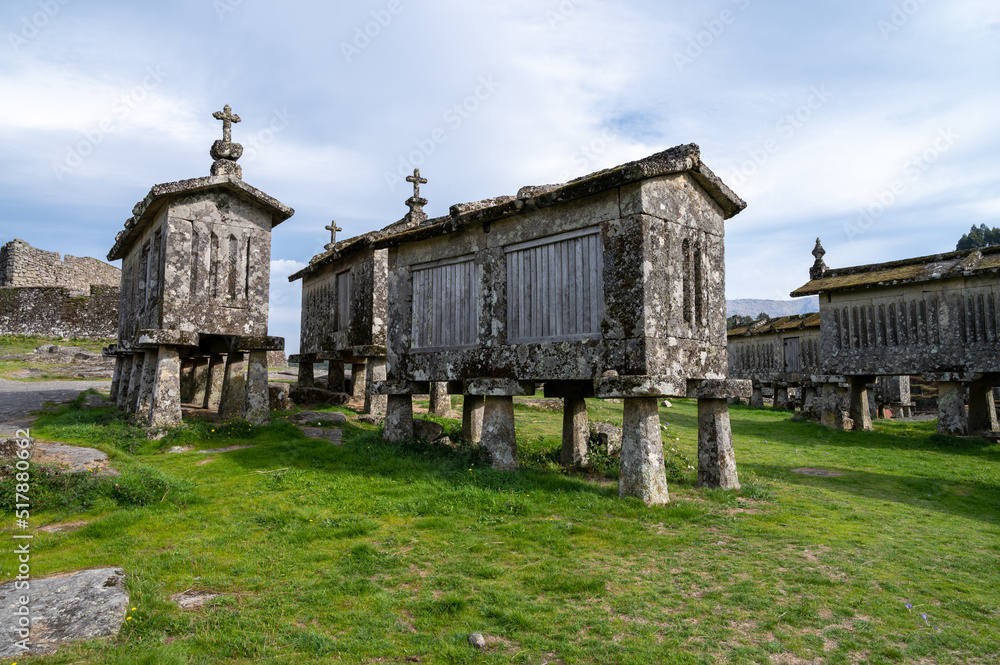 Naklejka premium View of the granaries (espigueiros) in the historic village of Lindoso, Portugal.