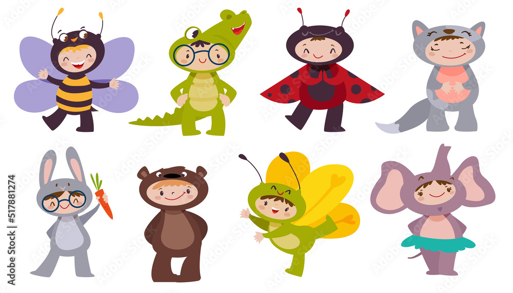 Flat funny children wearing carnival animal costumes. Cute kids characters on fun party smiling, dancing. Set of happy childs in bee, bear, cat, rabbit, elephant, crocodile and insect costume dress. Flat funny children wearing carnival animal costumes. Cute kids characters on fun party smiling, dancing. Set of happy childs in bee, bear, cat, rabbit, elephant, crocodile and insect costume dress.
