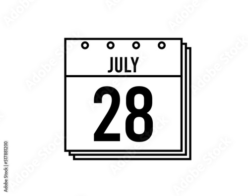 July 28 calendar. July month calendar black and white icon. Simple 3D vector.