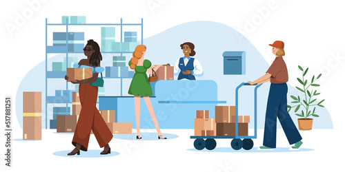 Post office with people. Mail delivery service. Woman giving letters or parcels to customers. Postman worker or courier delivering cardboard boxes on trolley. Postal services flat vector illustration. © redgreystock